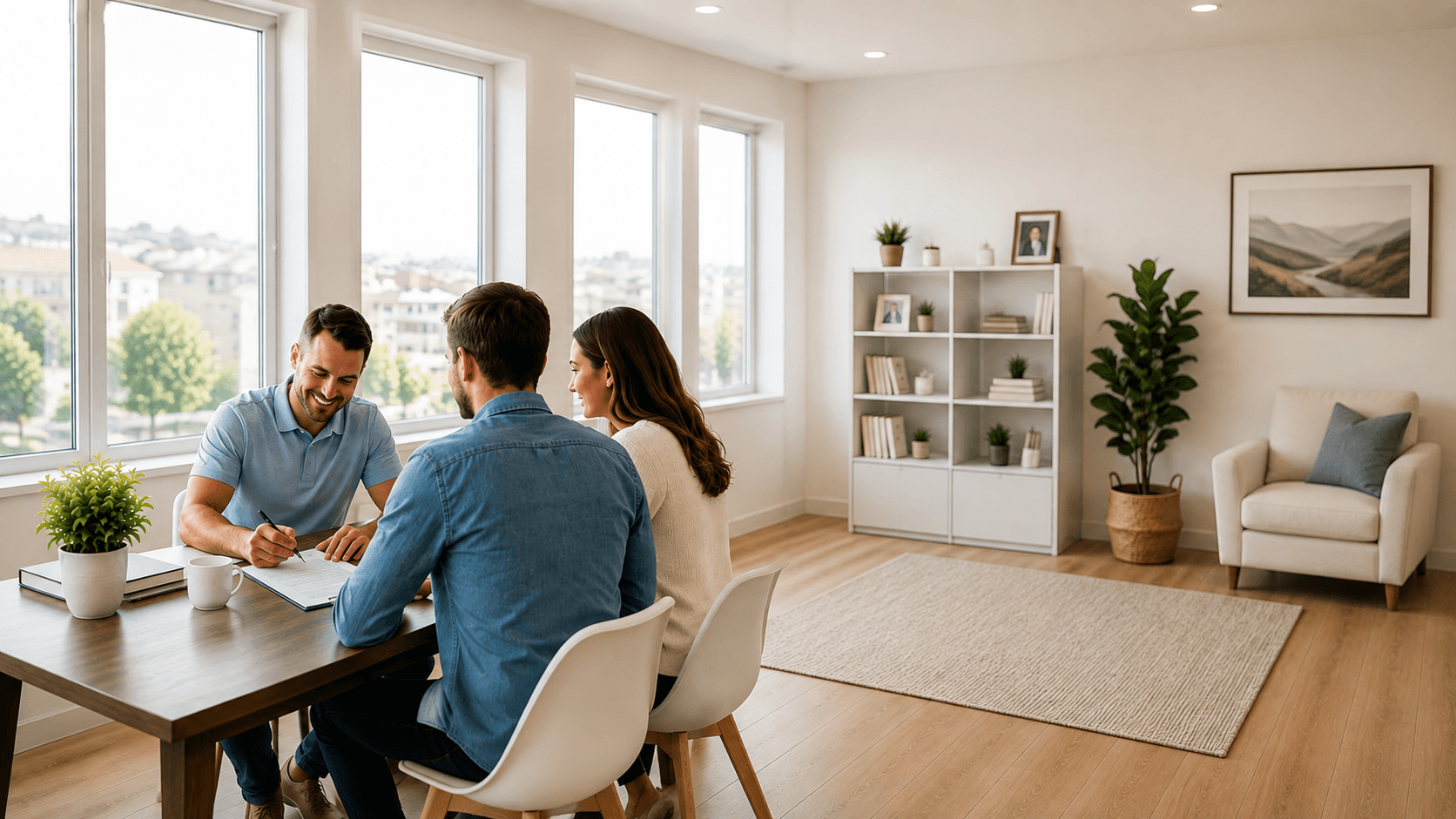 A couple reviewing paperwork with their agent