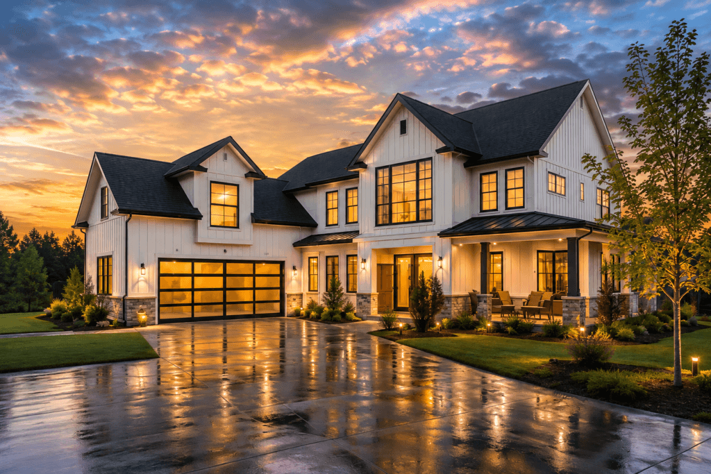 A newly built home at sunset