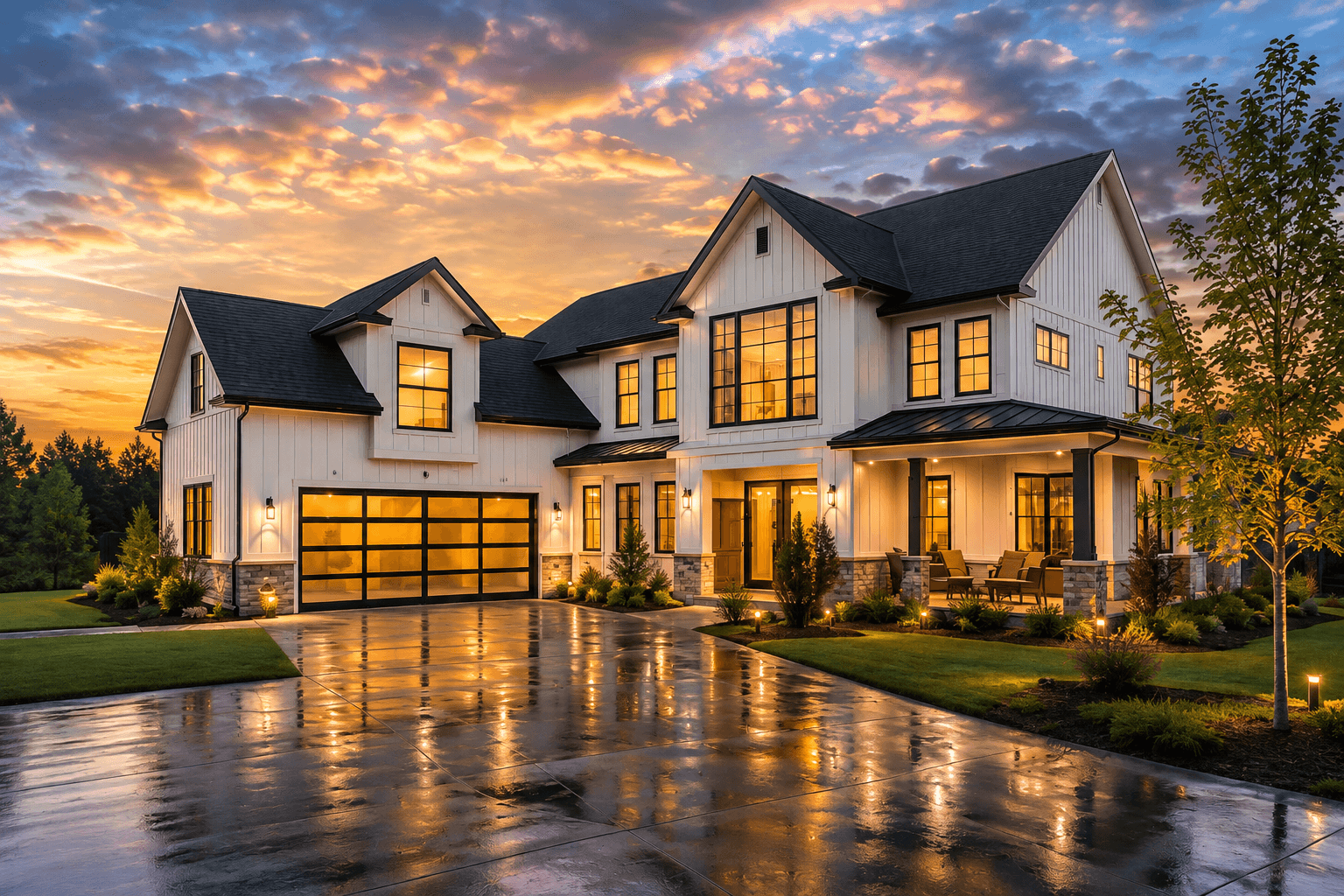 A white farmhouse-style home with its windows lit at dusk