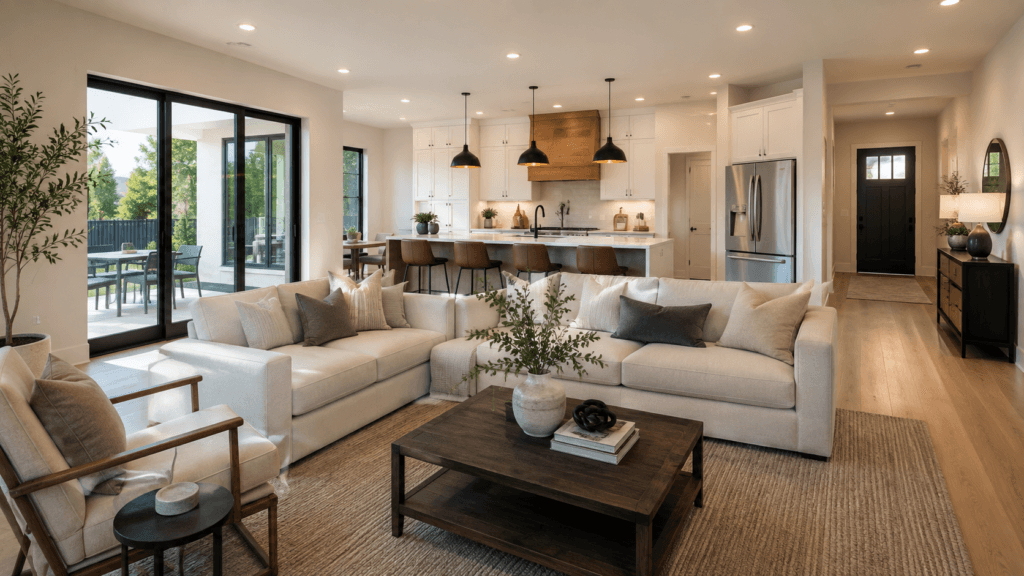 An open-plan living room and kitchen