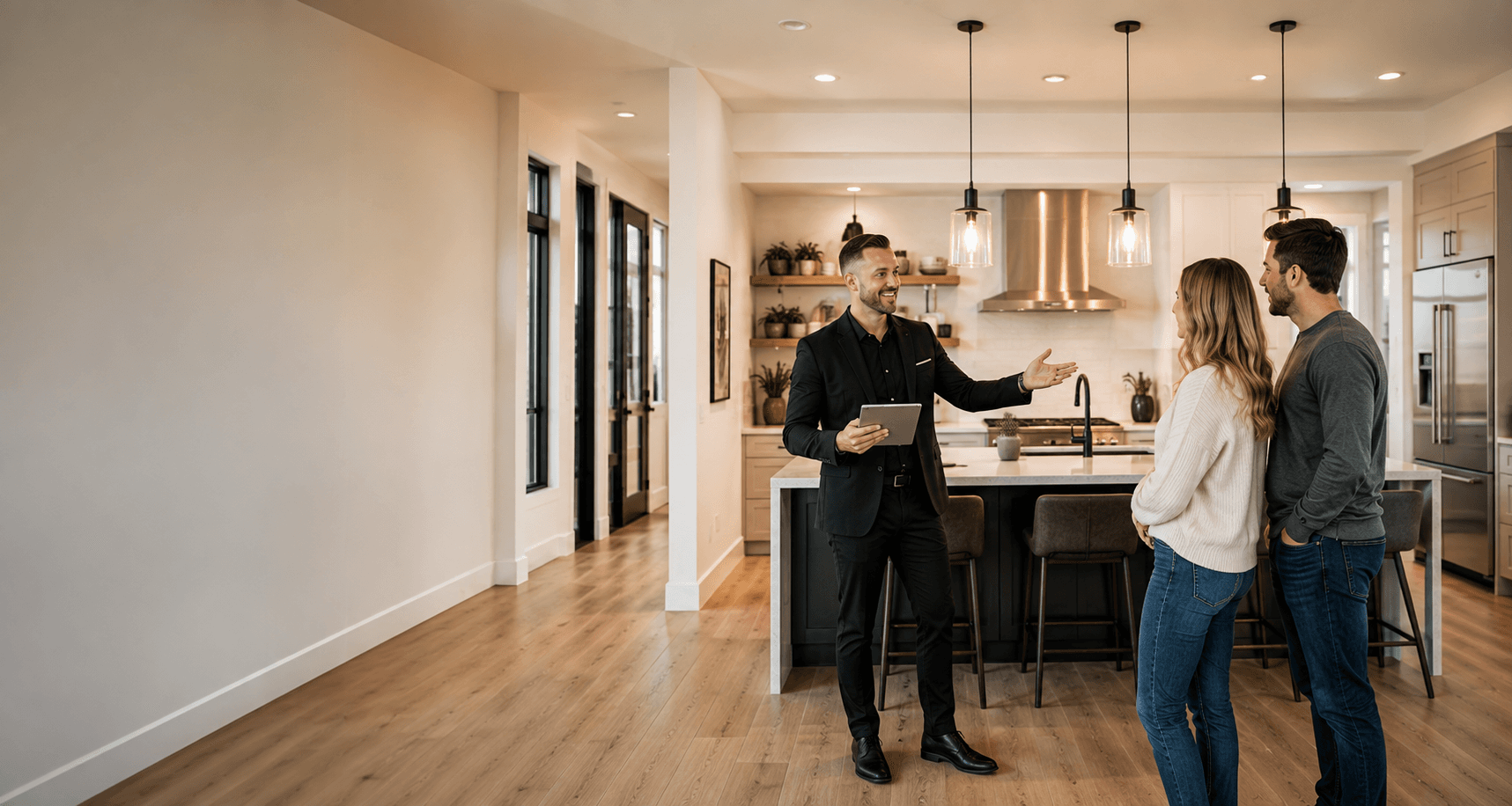 A real estate agent walking a couple through the kitchen of a home