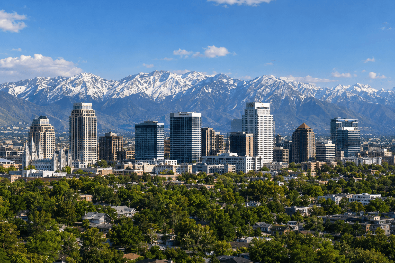 The Salt Lake City skyline below the Wasatch Range
